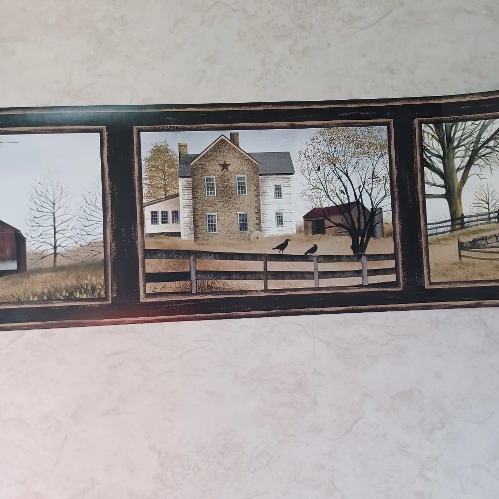 Wallpaper Border Country Farmhouse & Barn Scenes - Black